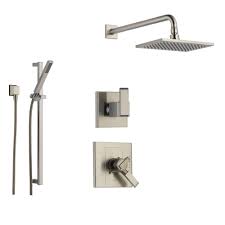 Delta Arzo Stainless Steel Shower System With Dual Control Shower Handle 3 Setting Diverter Modern Square Showerhead And Handheld Shower Ss178682ss In 2021 Rain Shower Head Shower Heads Hand Held Shower