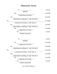 A Diamante Is A Diamond Poem Made Of Seven Lines That Has A Diamond Shaped Structure Free To Download And Print Poetry Lessons Poem Template Writing Poems