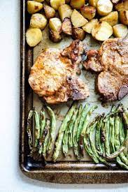 Sheet Pan Pork Chops Potatoes And Green Beans Slender Kitchen Recipe Pan Pork Chops Healthy Pork Pork Recipes