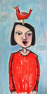 Woman in Red Dress with Bird