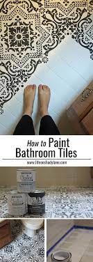 Place drop cloths on the floor and over bath fixtures. Black White Stenciled Bathroom Floor Bathroom Floors Diy Diy Flooring Painting Bathroom Tiles