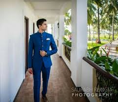 Blue Bandhgala Suit With A White Pocket Square Wedding Outfit Men Indian Groom Wear Groom Blue Suit