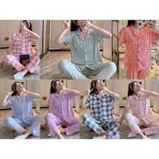 Cek harga kemeja bergaris sambungan jahitan kaos lengan panjang. Baju Tidur Wanita Dewasa Piyama Set Kekinian Model Kemeja Cp Kotak Series Import Shopee Indonesia