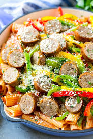 Sausage And Pepper Pasta With Sliced Italian Sausage Red And Yellow Bell Peppers And Gra Sausage And Peppers Pasta Pepper Pasta Recipe Italian Sausage Recipes