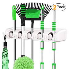 Hang the heavy wet mops and equipment with no worries as this construction promises great grip. Letmy Broom Holder Wall Mounted Mop And Broom Holder Garage Storage Rack Garden Tool Organizer 5 Position 6 Hooks For Home Kitchen Garden Tools Garage Organizing White 2 Pack Buy