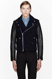Acne Studios Blue Navy Leather Trimmed Cassady Biker Jacket Long Sleeve Felted Wool Coat In Nav Best Leather Jackets Mens Clothing Styles Mens Designer Fashion
