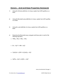 Stronger acids have weaker conjugate bases. Honors Acid And Base Properties Homework Worksheet For 9th 12th Grade Lesson Planet