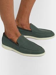 Get the best discount designer clothes for less online. Loro Piana Summer Walk Suede Trimmed Linen Loafers Men Green Eu 46 Editorialist