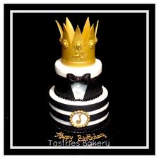 Black And Gold Cupcakes For Men Gold Black And White Tux Birthday Cake Topped With A Gorgeous Gold Crown Made Black And Gold Birthday Cake 40th Birthday Cakes For Men Prince Baby Shower Cake