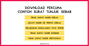 Contoh surat tunjuk sebab tidak hadir atas alasan pelaksanaan pkp / pkpb / pkpd, lewat hantar dokumen dan penjelasan kesalahan bagi salah laku kerja atau melanggar peraturan untuk diberikan kepada majikan anda akan dikemaskinikan untuk anda. Contoh Surat Tunjuk Sebab Tak Hadir Kerja Lewat Ke Tempat Kerja Tak Hadir Kursus Lain Lain Edu Bestari