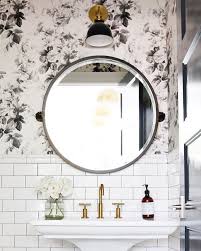 Love This Wall Paper For A Small Bathroom Round Mirror Bathroom Powder Room Small Beautiful Bathrooms