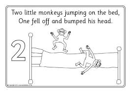 This original song based on a classic nursery chant has been used by parents for generations to teach a valuable lesson…little monkeys should never jump on the bed! Five Little Monkeys Jumping On The Bed Colouring Sheets Sb9278 Sparklebox