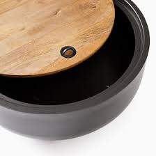 Wide rustic narrow side table in tobacco brown. Drum Storage Coffee Table
