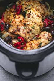 Each slow cooker chicken dinner features bold flavor and juicy meat—and you don't have to spend all day in the kitchen to make it possible. Slow Cooker Mediterranean Chicken Creme De La Crumb Slow Cooker Chicken Thighs Easy Mediterranean Diet Recipes Chicken Slow Cooker Recipes