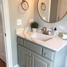 Powder Bathroom Graycabinets Dorian Gray Cabinets Repose Gray Walls Quartz Countertops Brass Hardware Grey Cabinets Grey Walls Gray Bathroom Walls