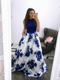 Elegant A Line Halter Open Back Royalblue Floral Print Satin Long Prom Dresses Formal Prom Gown Dg0214003 Prom Dresses With Pockets Prom Dresses Long A Line Prom Dresses