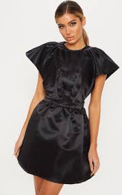 Black Satin Ruffle Sleeve Skater Dress Dresses Skater Girl Dress Skater Dress