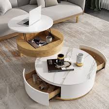 This lift top coffee table with storage features open side entry beneath the top on each side for easy access to magazines, collectibles, and more. Table Basse Ronde Moderne Avec Plateau De Rangement Table Basse En Bois Et Pierre Avec 2 Tiroirs Stone Coffee Table Round Coffee Table Modern Coffee Table With Hidden Storage