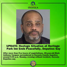 🚨 UPDATE: Hostage Situation at Heritage Park Inn Ends Peacefully 🚨 After  more than five hours of negotiations, 49-year-old Mark Anthony Vazquez  surrendered to Osceola County deputies around 5:45 p.m. Monday evening