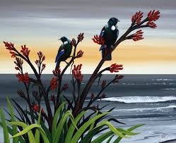 Two Tui Flax Original By Wildart Abstract Art Landscape Maori Art New Zealand Art