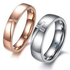 Christian Promise Ring With Cross Rose Gold And Stainless Steel Couple Rings Rings For Couple Anel De Compromisso Aliancas De Casamento Aliancas De Namoro