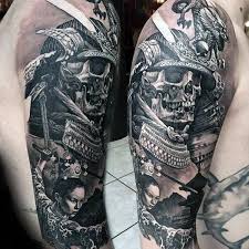Realistic 3d Mens Samurai Helmet Skull Half Sleeve Tattoo Greatsleevetattoos Sleeve Tattoos Samurai Helmet Helmet Tattoo
