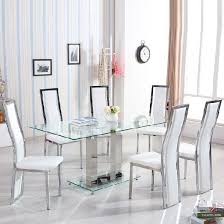 Holly Dining Table Rectangular In Clear Glass With Chrome Legs And 6 Collete Whi White Dining Chairs Contemporary Wooden Dining Table Dining Room Chairs Modern
