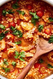One Pan Shrimp And Pearl Couscous With Harissa Recipe Recipe Harissa Recipes Couscous Recipes Pearl Couscous Recipes