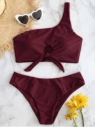 Idee Et Inspiration Maillot De Bain Tendance 2017 Image Description One Shoulder Knotted Bikini Set Red Wine L Bikini Modelleri Mayolar Bikiniler