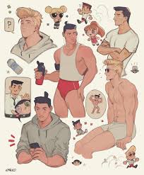 enri (ceinordraws), powerpuff girls, absurdres, character request,  copyright request, highres, 3boys, 3girls, ?, arm hair, bara, black eyes,  black hair, black necktie, blonde hair, bottle, chibi, collared shirt,  crossed arms, earphones, fake