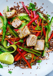 Tuna Steak Red Quinoa Salad With Crunchy Vegetables Gingery Lime Dressing Delicious Healthy Recipes Red Quinoa Salad Salad Recipes For Dinner