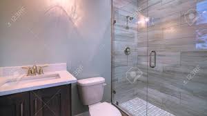 A double vanity in a small space can make. Panorama Frame Small Modern Bathroom With Glass Shower Cubicle Stock Photo Picture And Royalty Free Image Image 137688391