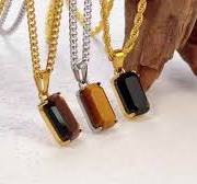 Natural Black Onyx Stone Pendant 18k Gold Plated Waterproof Stainless Steel  Tiger Eye Spectrolite Stone Necklace Pendant for Men