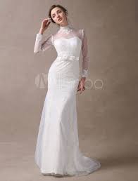 Long sleeved wedding dresses 2020 #weddingdress2020. Ivory Wedding Dresses Mermaid Lace High Collar Long Sleeve Illusion Sweetheart Neck Bow Sash Wedding Gowns With Train Milanoo Com