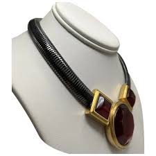 Vintage YSL Gun Metal Gray Snake Chain Necklace with Oversized Glass . For  Sale at Ruby Lane