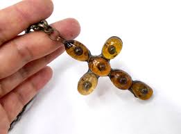 Vintage Brass Chain & Antique Handmade Glass Cross Pendant Necklace