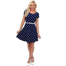 Navy Blue White Polka Dot Short Sleeve Belted Flare Dress 52 Liked On Polyvore F White Short Sleeve Dress Blue Polka Dot Dress Affordable Dresses Casual