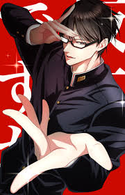 sakamoto, sakamoto desu ga?, absurdres, highres, 1boy, black-framed  eyewear, black hair, black jacket, copyright name, dutch angle, gakuran,  glasses, green eyes, hand on own forehead, jacket, large hands, looking at  viewer, male
