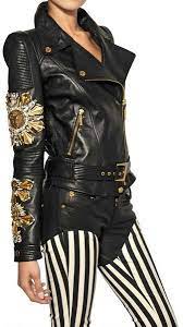 Fausto Puglisi Black Embroidered Nappa Leather Biker Jacket Biker Jacket Jackets Leather Biker Jacket