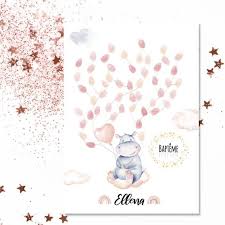 Hippopotamus Footprint Tree Cloud And Rainbow A Footprint Tree For Baptism Birthday Baby Shower In 2020 Hippopotamus Baby Shower Fingerprint Tree