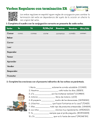 Conjugando Los Verbos Regulares Con Terminacion Er Ejercicios En Pdf Spanishlearninglab Verbos Clases De Oraciones Verbos En Espanol