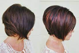 Layered highlights on long hair are stunning. Dark Brown Inverted Short Bob With Copper And Red Violet Highlights Short Hair Highlights Violet Highlights Purple Hair Color Highlights
