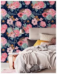 Navy Pink Orange Floral Peel and Stick Wallpaper