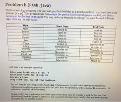 In western astrology, your star sign dates are calculated we use what's called the tropical zodiac, which is based on the seasons. Problem B Pa4b Java Write An Astrology Program The Chegg Com