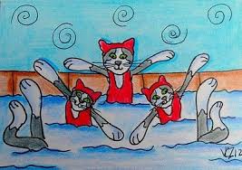 Aceo Original Olympic Synchronized Swimming Cats Pencil Ink Swimming Cats Synchronized Swimming Olympic Synchronised Swimming