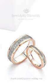 Bespoke Fingerprint Wedding Rings Two Colour Inlaid Wedding Rings Featuring A Fingerprint Engraved Cen Unusual Wedding Rings Fingerprint Wedding Wedding Rings