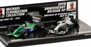 Minichamps Michael Schumacher 20th Anniversary Belgian Gp 2 Car Set Includes Jordan 191 1991 And Mercedes W02 Mercedes Pe Michael Schumacher Car Set Mercedes