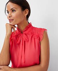 Ann Taylor Ruffle Yoke Tie Neck Top