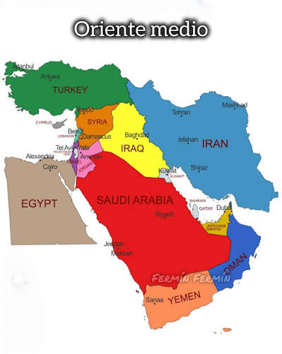 🧠Así es el mapa del oriente medio😍📸👏 Oriente Medio, como países principales (Arabia Saudita, Baréin, Chipre, Egipto, EAU, Irán, Irak, Israel, Jordania, Kuwait, Líbano, Omán, Palestina, Catar, Siria, Turquía, Yemen). Algunos datos