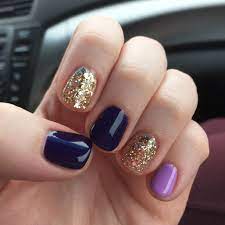 A No Chip Manicure From Http Kinzienailspachicago Com Purple Glitter Shellac Gelish Gold Lavender Manicure Cute Nails Gel Nails No Chip Manicure
